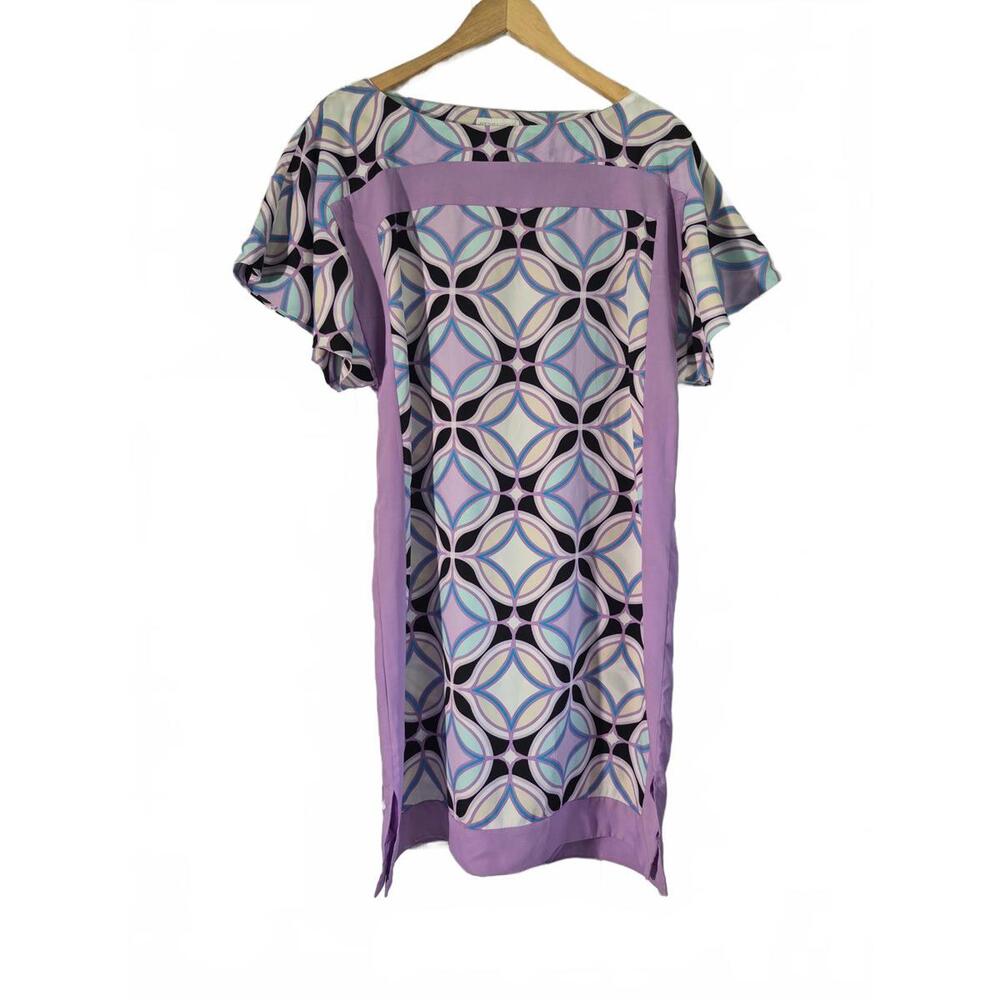 New York & Company Retro Geo Print Short Sleeve Dress Shift Style Flare Sleeve